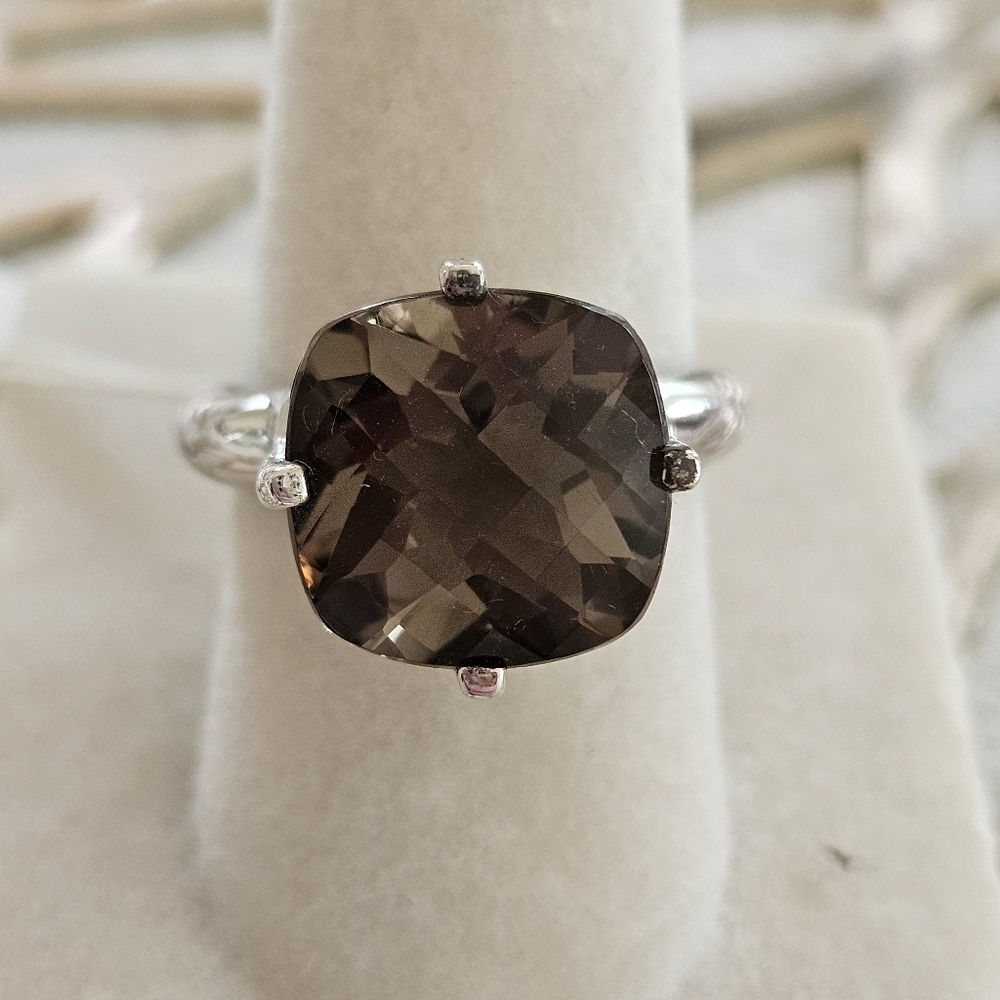 Smoky Quartz Checkerboard Cushion Cut Platinum Over Rhodium Solitaire Ring Sz 7